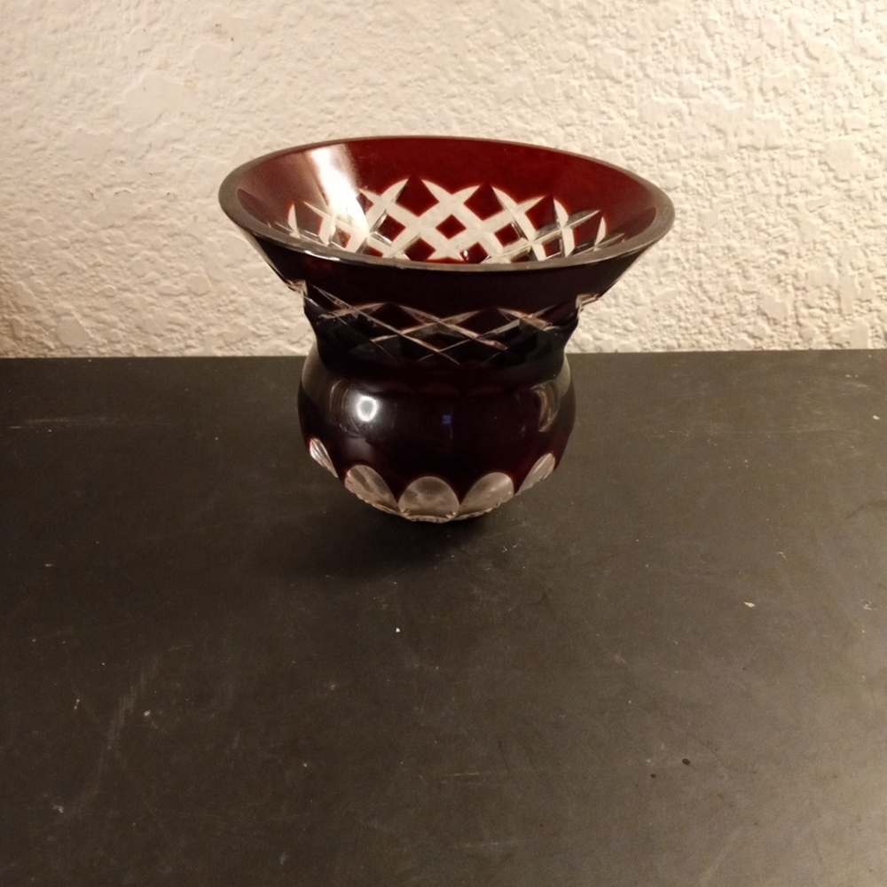 STUNNING Bohemian Czech Republic Faberge Ruby Red Cut Crystal 4" Votive Holder.